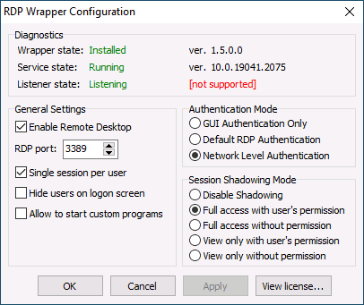 Настройки RDP Wrapper