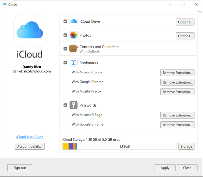 Флажки напротив названий функций iCloud в iCloud для Windows.